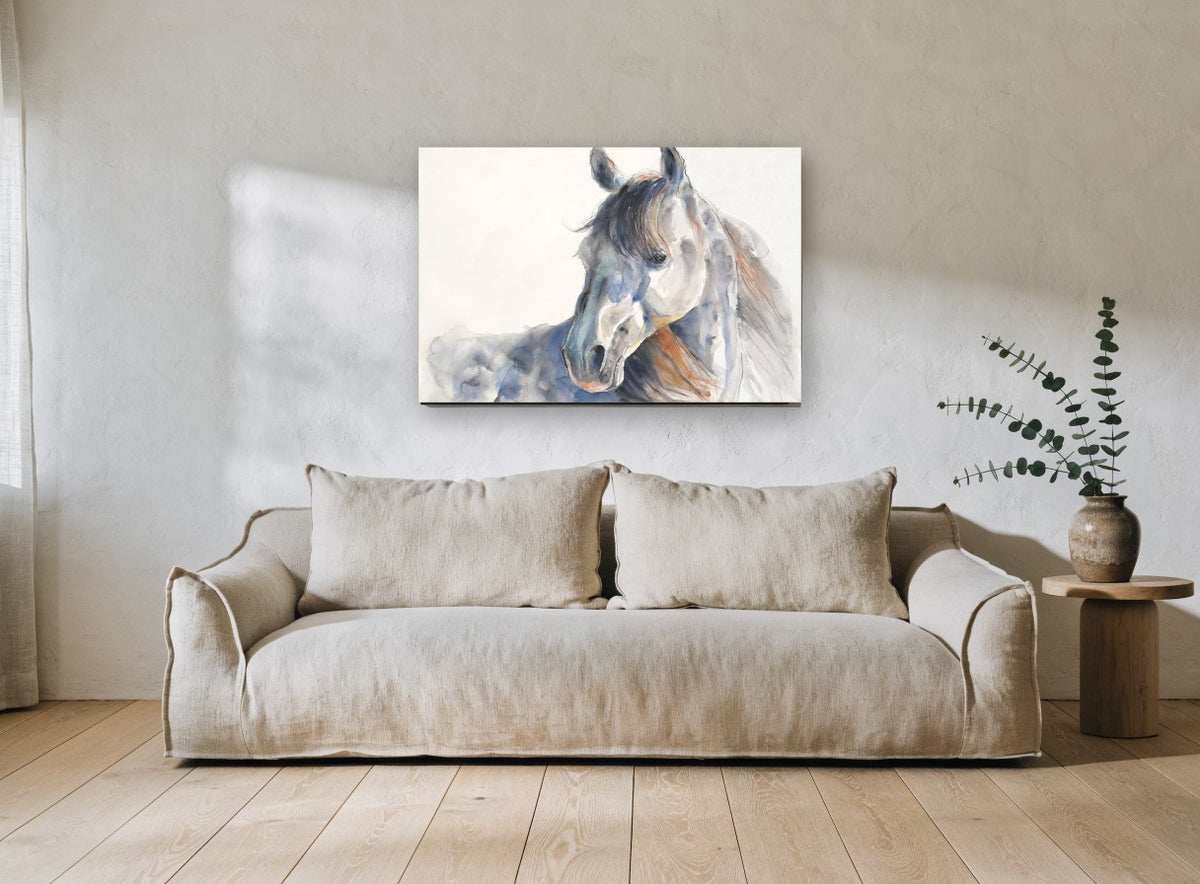 Grey Horse Turning Back animal canvas print on the wall of a living room