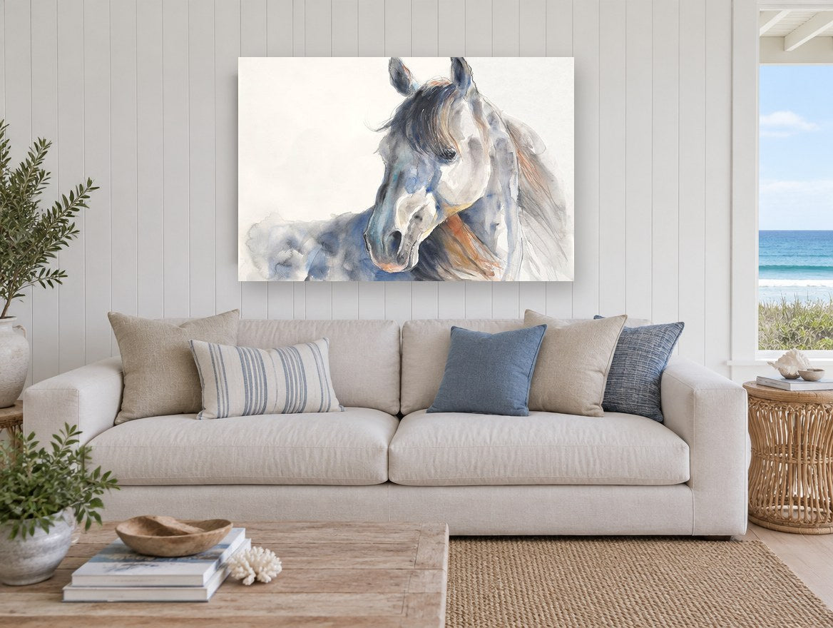 Grey Horse Turning Back animal canvas print on the wall of a beach house living room
