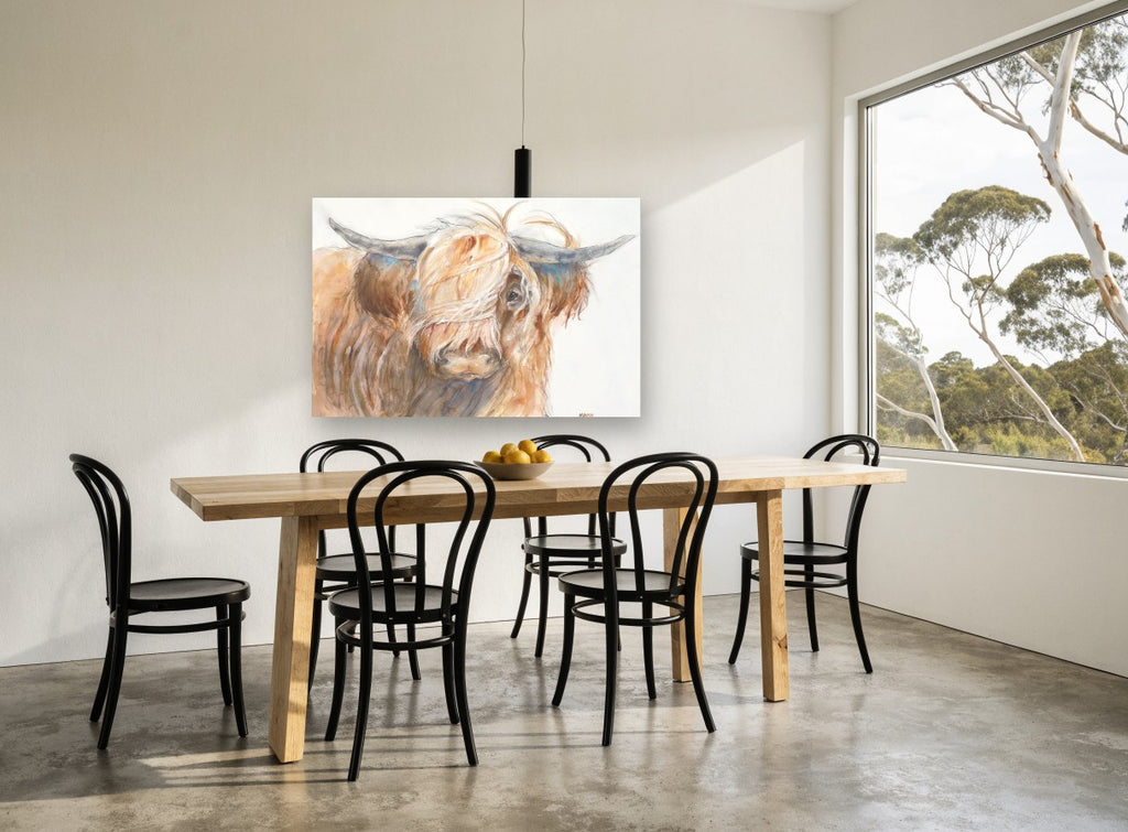 Fringe Over One Eye animal canvas print on the wall of a dining room