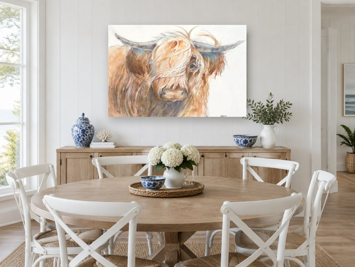 Fringe Over One Eye animal canvas print on the wall of a Hamptons dining room