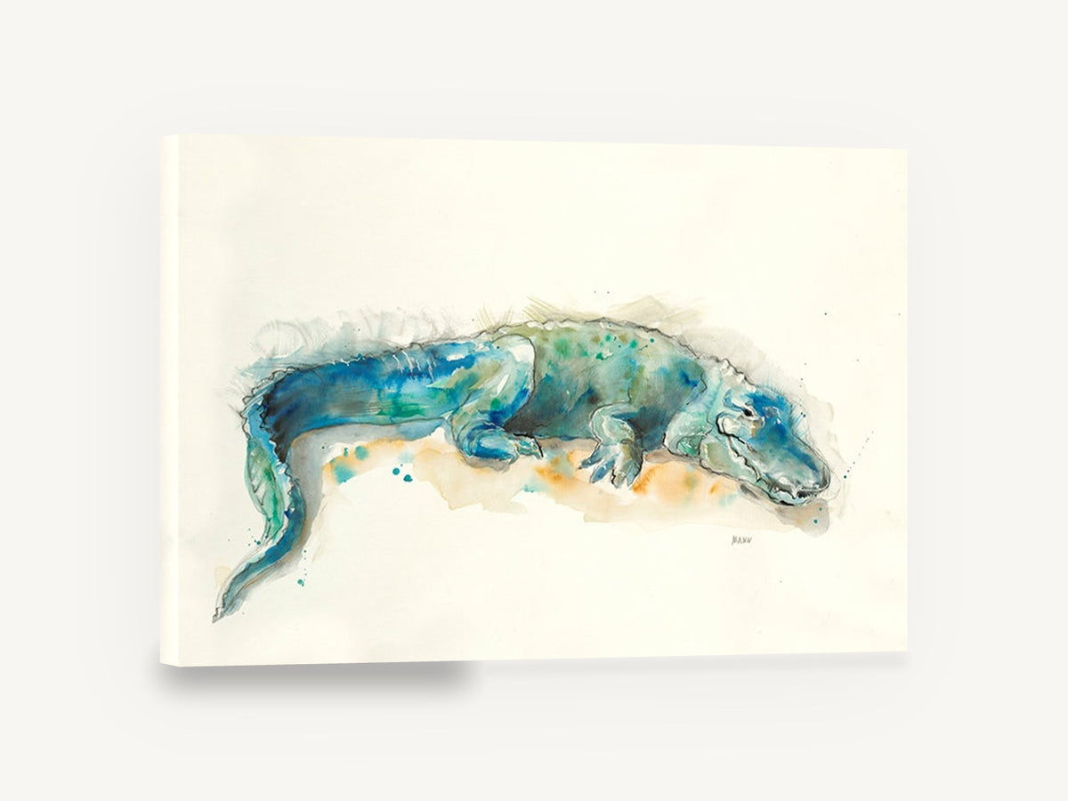Resting Teal Alligator, alligator watercolour reptile portrait, animal canvas wall art print ready to hang