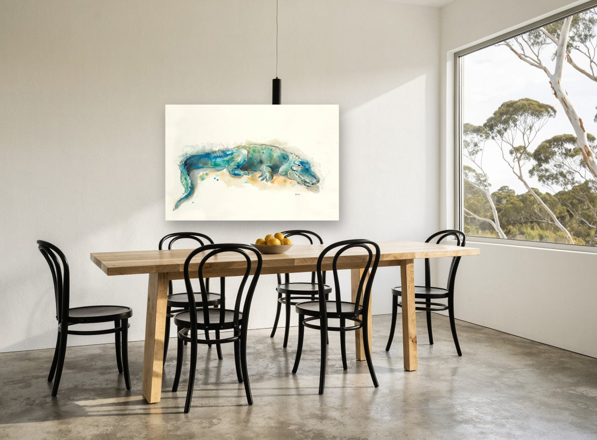 Resting Teal Alligator animal canvas print on the wall of a dining room