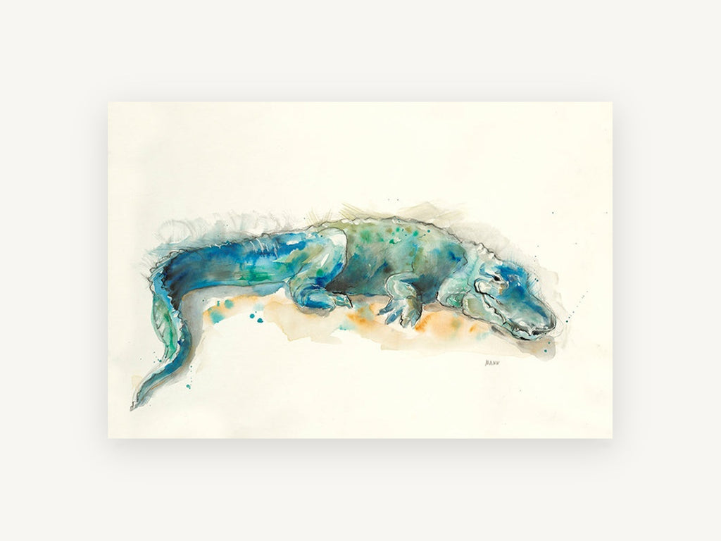 Resting Teal Alligator, alligator watercolour reptile portrait, animal canvas wall art print, front view