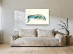 Resting Teal Alligator animal canvas print on the wall of a living room