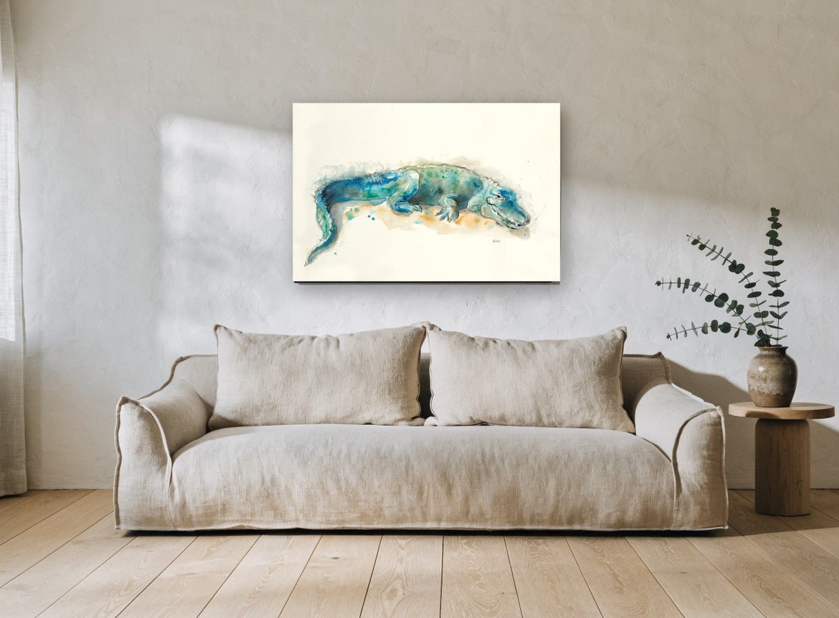 Resting Teal Alligator animal canvas print on the wall of a living room