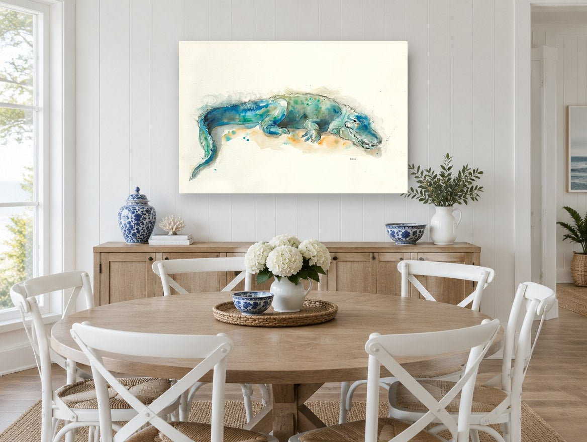 Resting Teal Alligator animal canvas print on the wall of a Hamptons dining room