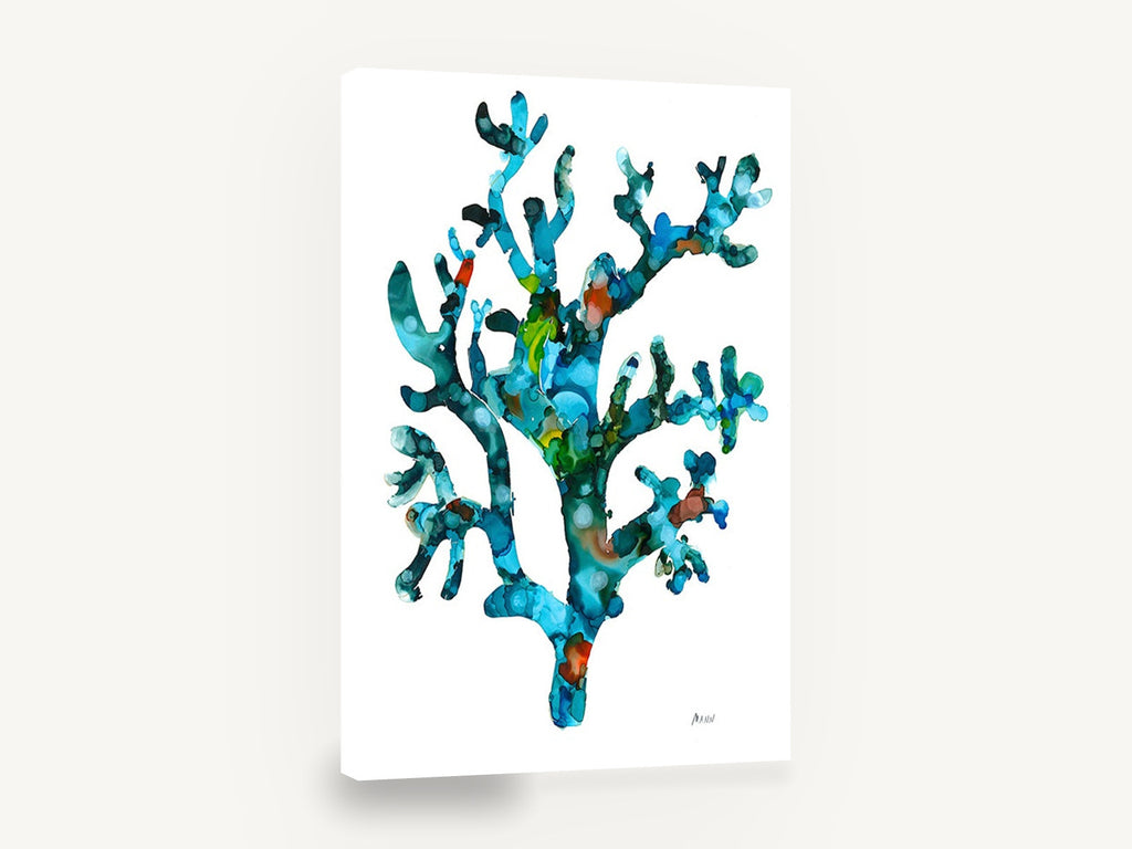 Turquoise Coral Branch, turquoise sea coral watercolour, coastal canvas wall art print ready to hang