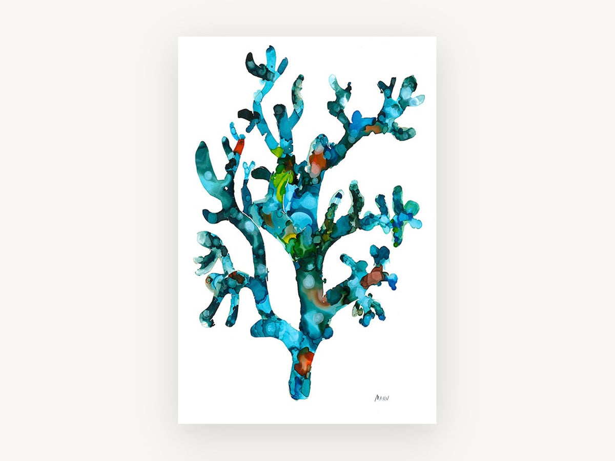 Turquoise Coral Branch, coastal canvas wall art print, front view