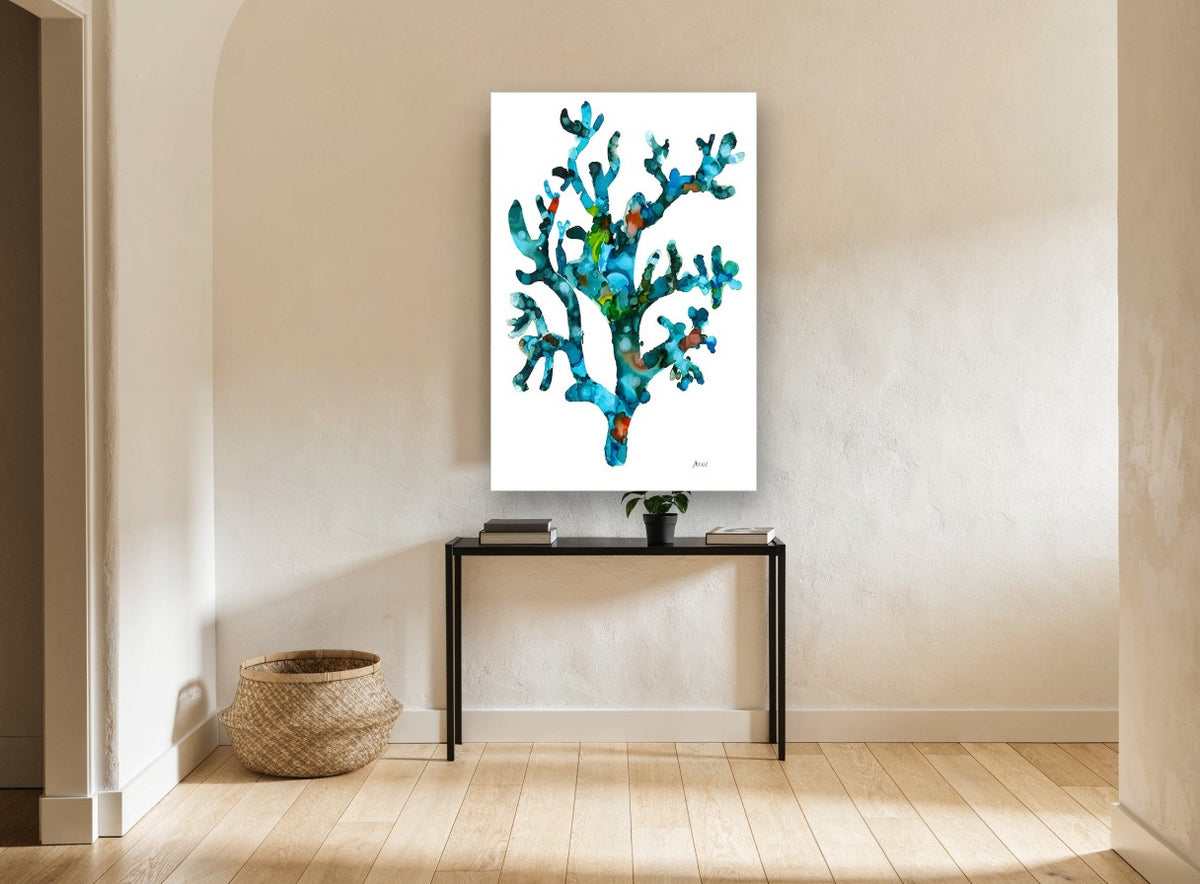 Turquoise Coral Branch coastal canvas print on the wall of a hallway