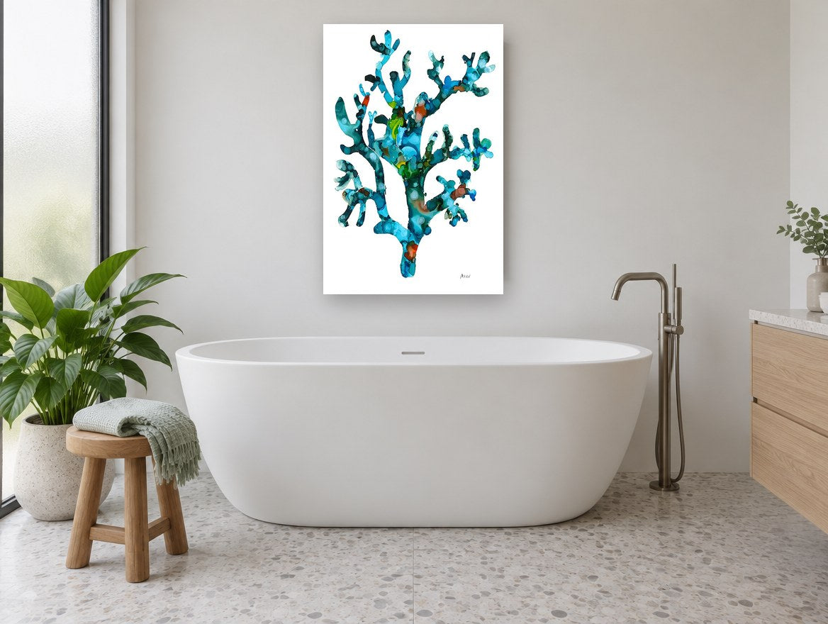 Turquoise Coral Branch coastal canvas print on the wall of a bathroom