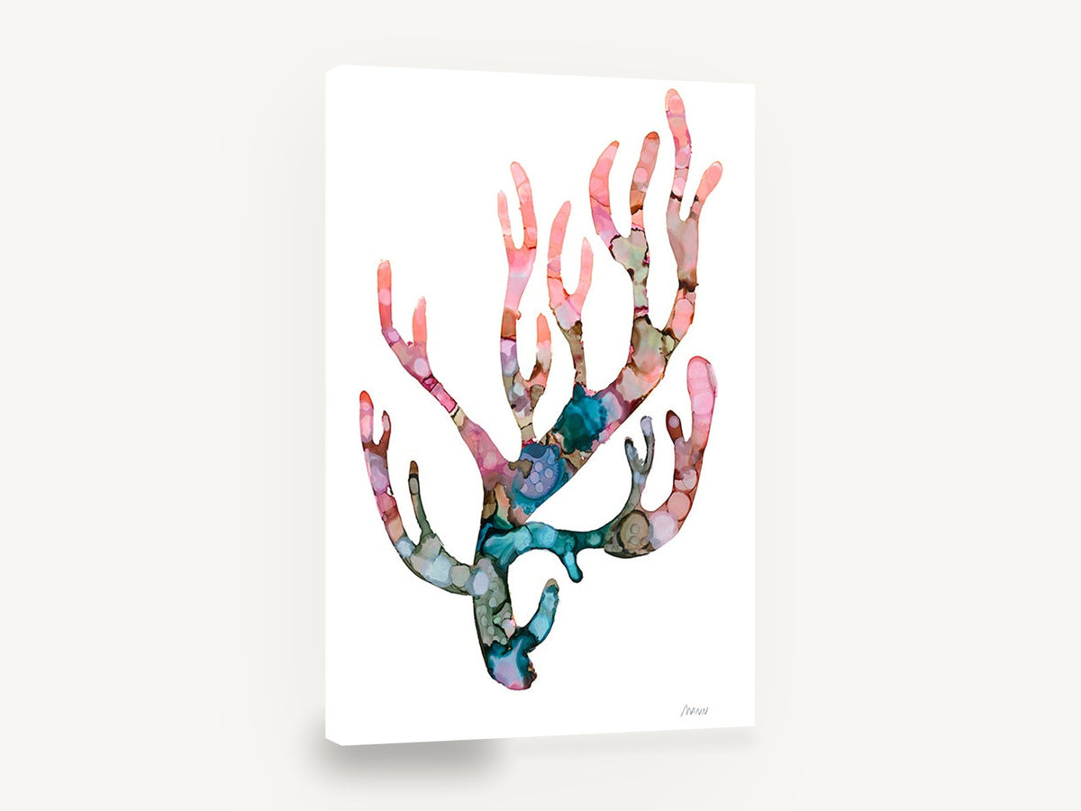 Blushing Coral Branch, pink and teal coral alcohol ink art, coastal canvas wall art print ready to hang