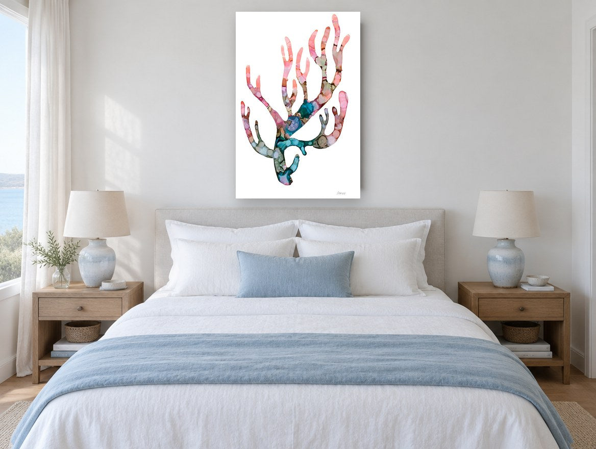 Blushing Coral Branch coastal canvas print on the wall of a coastal bedroom