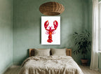 Crimson Lobster Study coastal canvas print on the wall of a bedroom