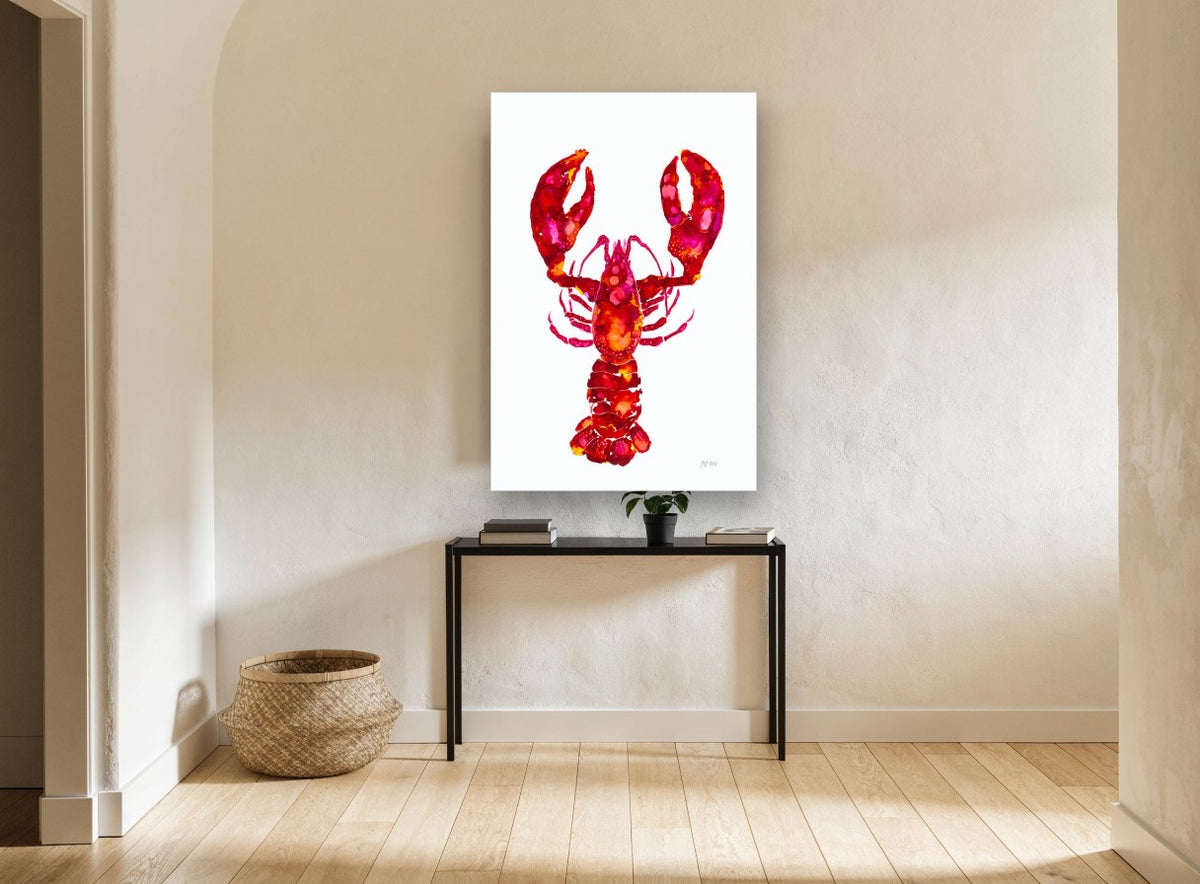 Crimson Lobster Study coastal canvas print on the wall of a hallway