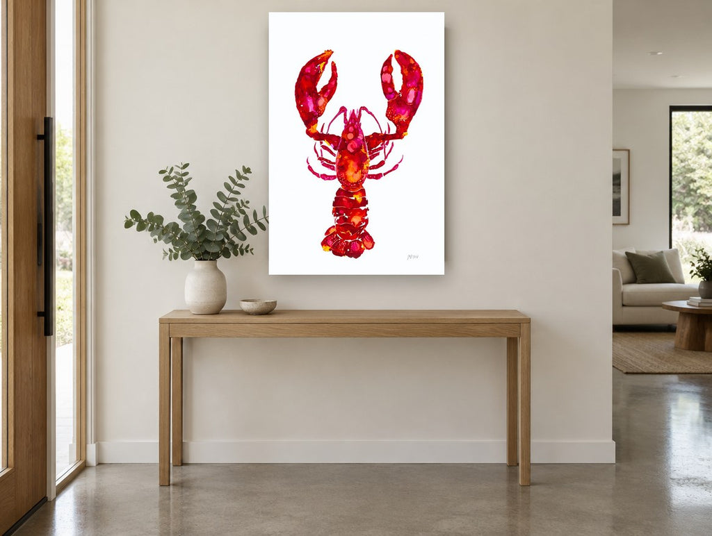 Crimson Lobster Study coastal canvas print on the wall of a entry hall