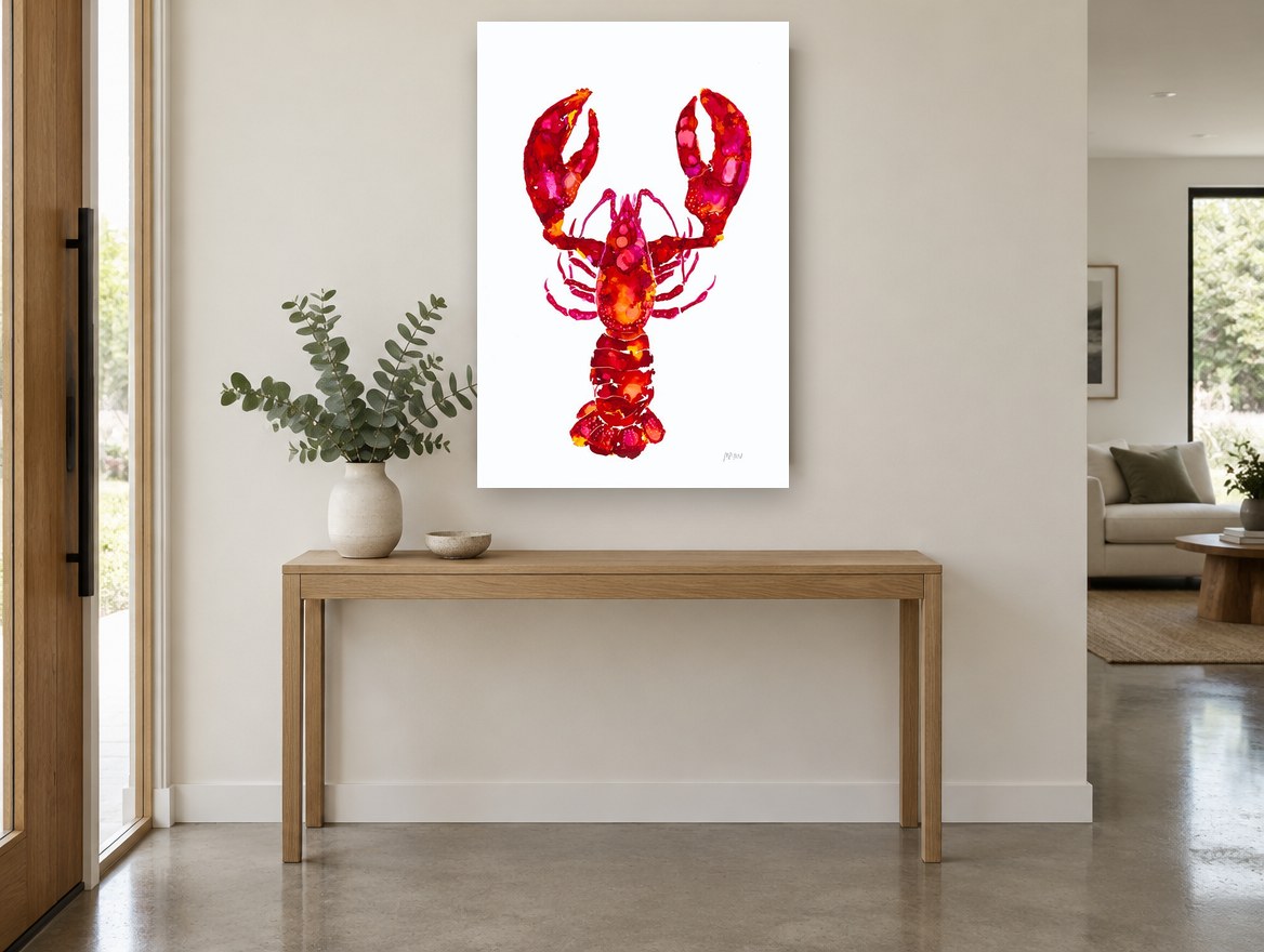 Crimson Lobster Study coastal canvas print on the wall of a entry hall