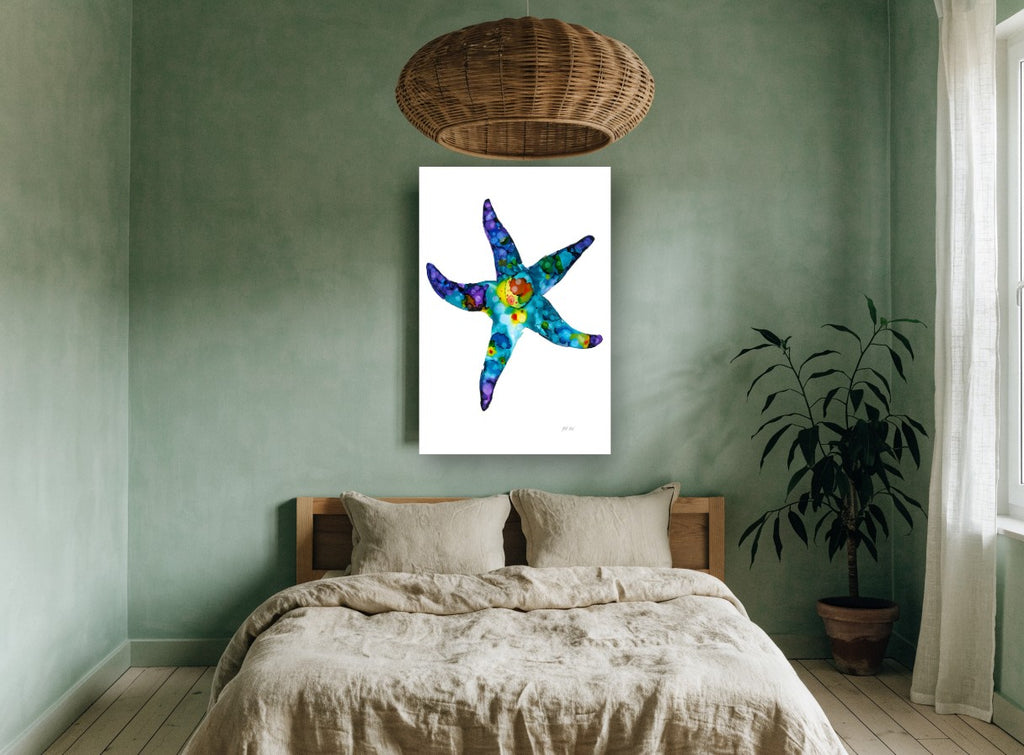 Jewel Tone Starfish coastal canvas print on the wall of a bedroom