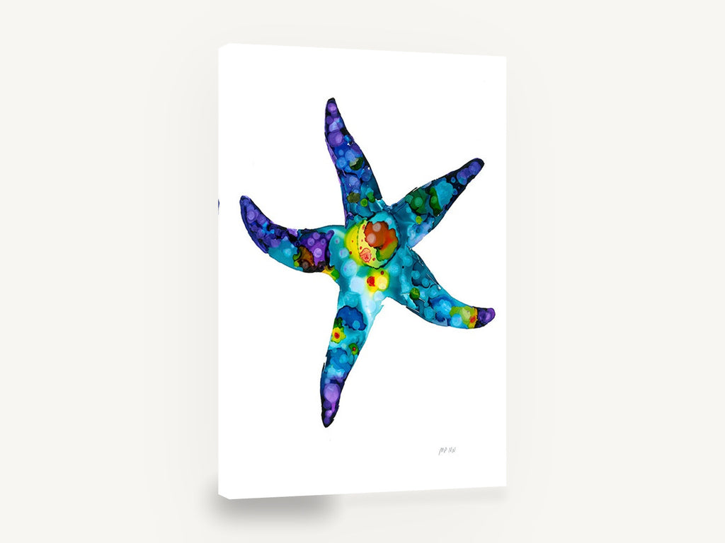 Jewel Tone Starfish, colourful starfish alcohol ink artwork, coastal canvas wall art print ready to hang