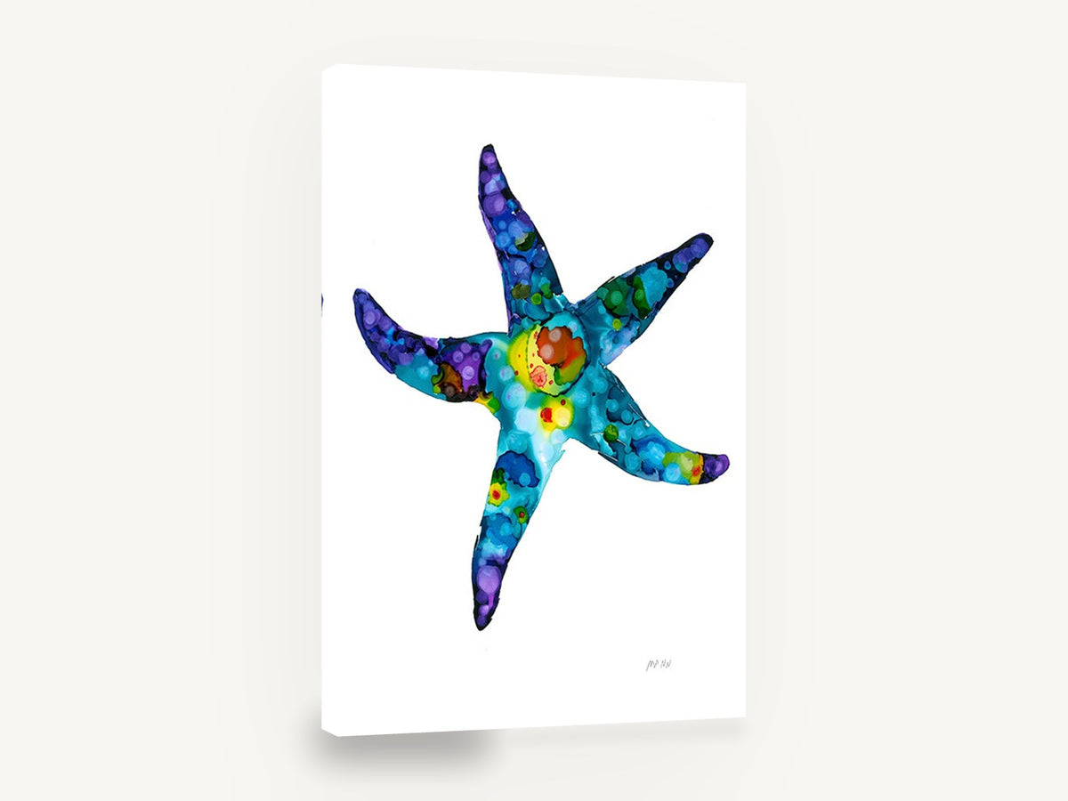 Jewel Tone Starfish, colourful starfish alcohol ink artwork, coastal canvas wall art print ready to hang