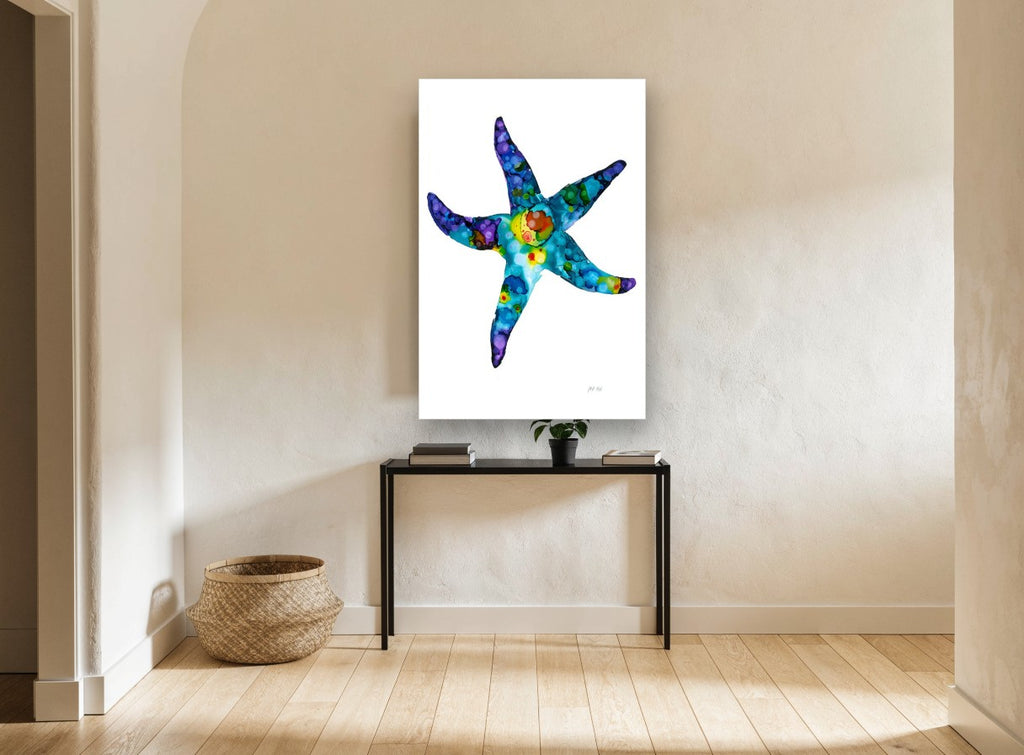 Jewel Tone Starfish coastal canvas print on the wall of a hallway