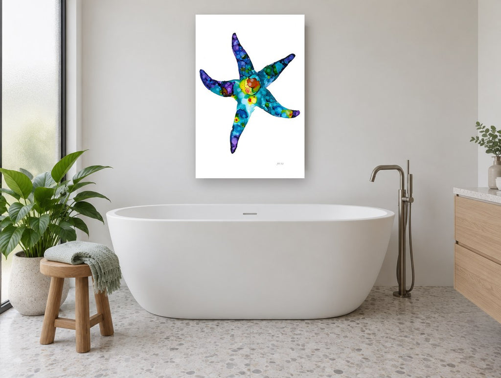 Jewel Tone Starfish coastal canvas print on the wall of a bathroom