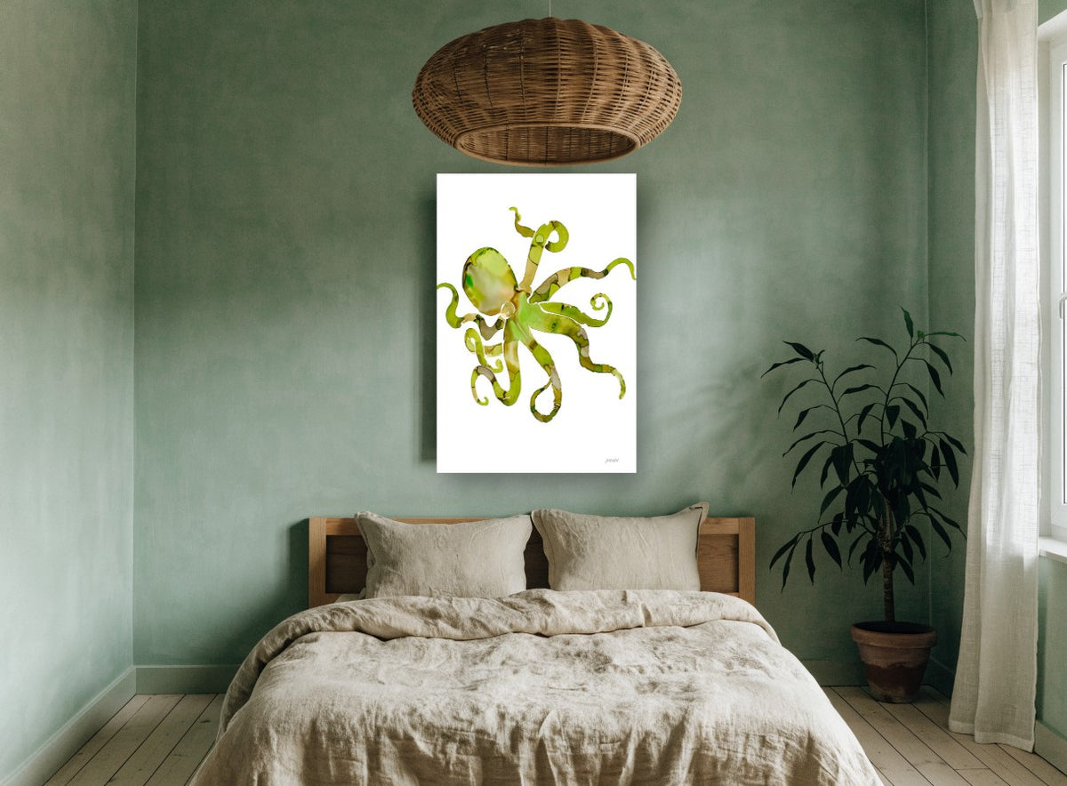 Lime Octopus Drift coastal canvas print on the wall of a bedroom