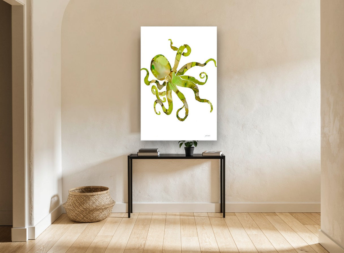 Lime Octopus Drift coastal canvas print on the wall of a hallway