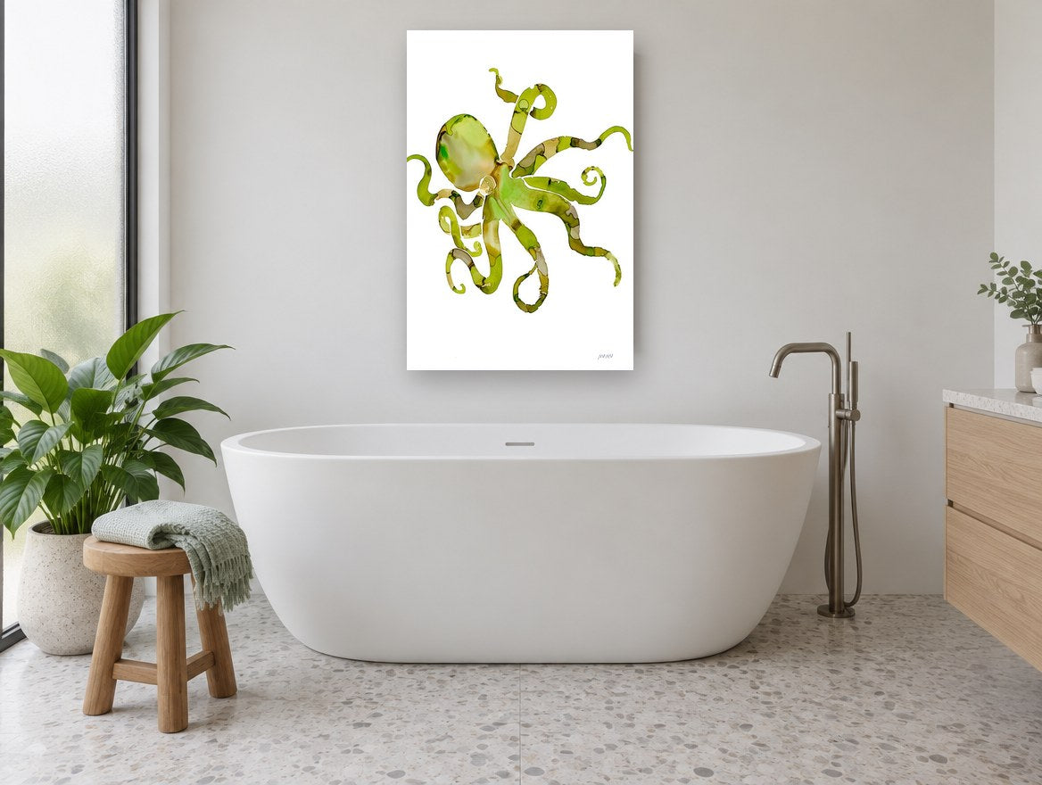 Lime Octopus Drift coastal canvas print on the wall of a bathroom