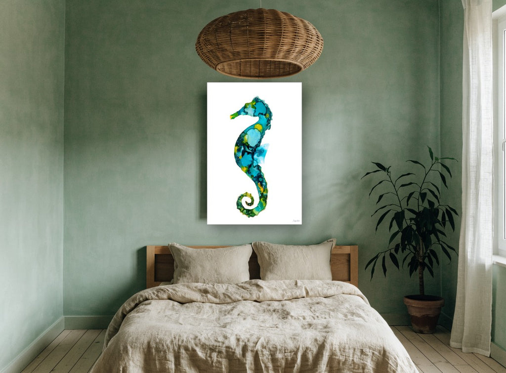 Teal Ink Seahorse coastal canvas print on the wall of a bedroom