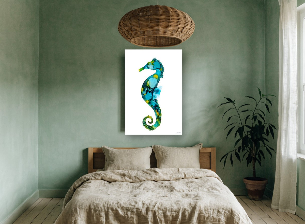 Teal Ink Seahorse coastal canvas print on the wall of a bedroom