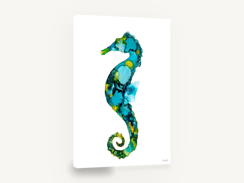 Teal Ink Seahorse, teal seahorse alcohol ink artwork, coastal canvas wall art print ready to hang