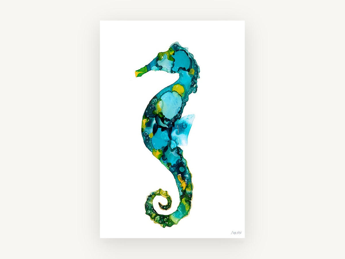 Teal Ink Seahorse, coastal canvas wall art print, front view