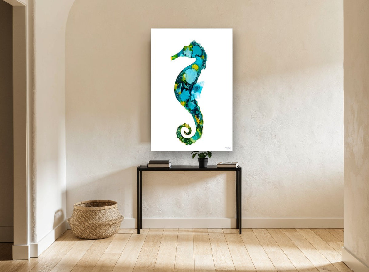 Teal Ink Seahorse coastal canvas print on the wall of a hallway