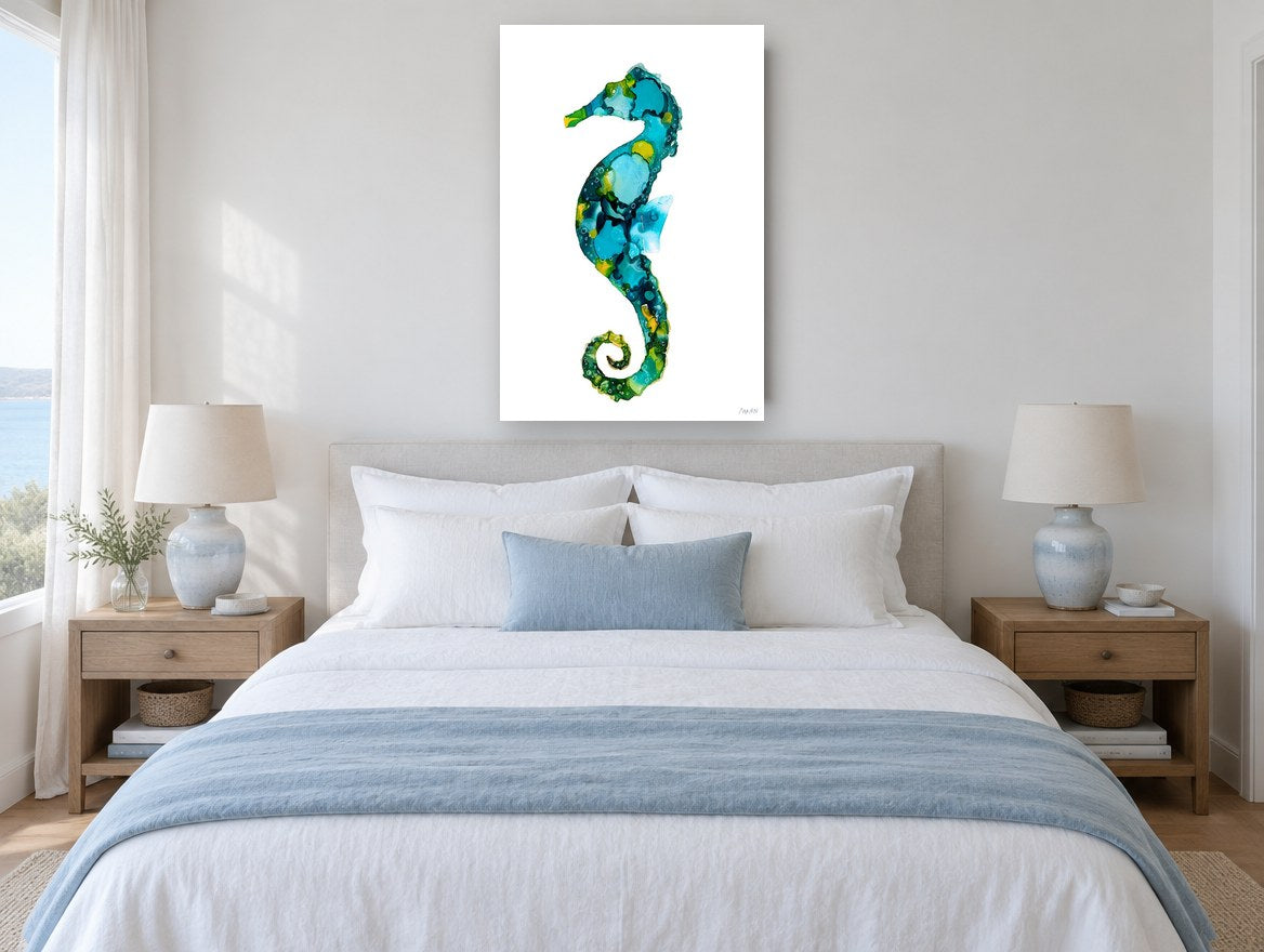 Teal Ink Seahorse coastal canvas print on the wall of a coastal bedroom