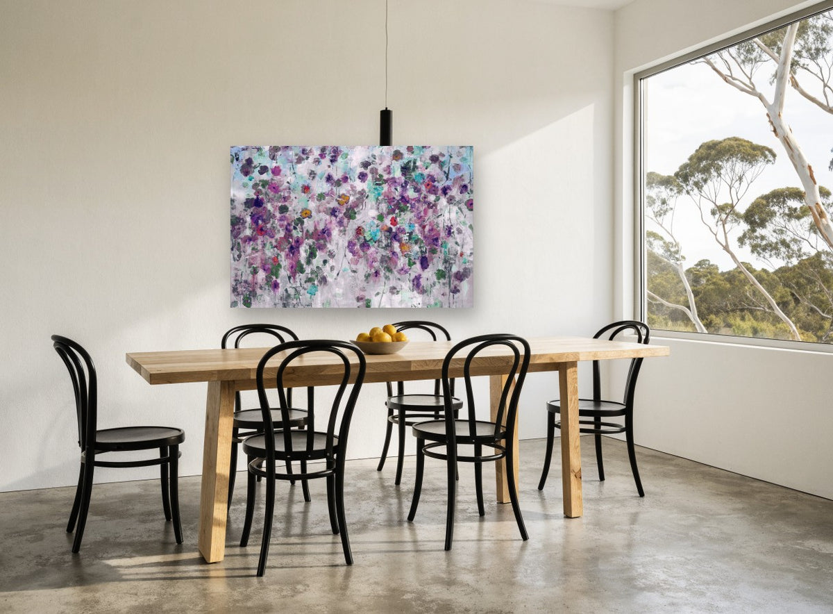 Violet Garden Drift floral canvas print on the wall of a dining room
