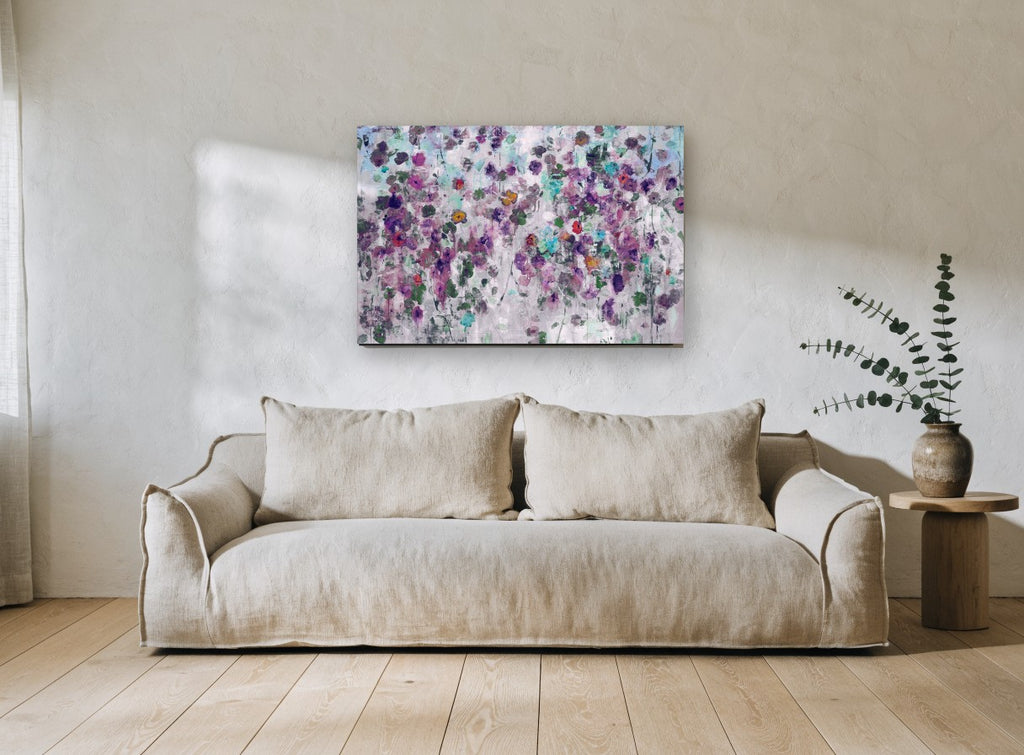 Violet Garden Drift floral canvas print on the wall of a living room