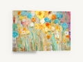 Sunlit Meadow Blooms, yellow blue abstract meadow flowers, floral canvas wall art print ready to hang
