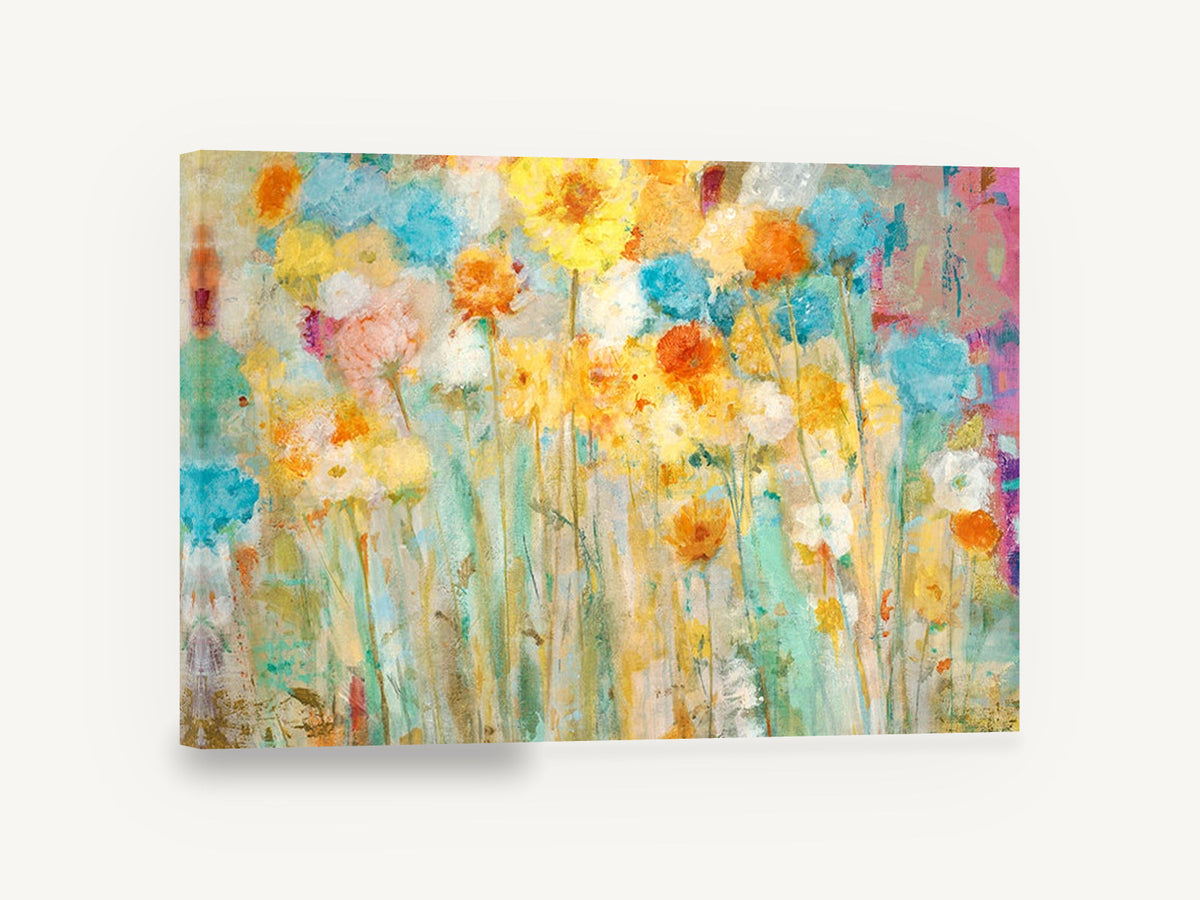 Sunlit Meadow Blooms, yellow blue abstract meadow flowers, floral canvas wall art print ready to hang