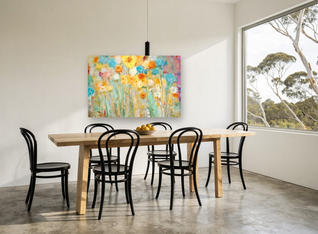 Sunlit Meadow Blooms floral canvas print on the wall of a dining room