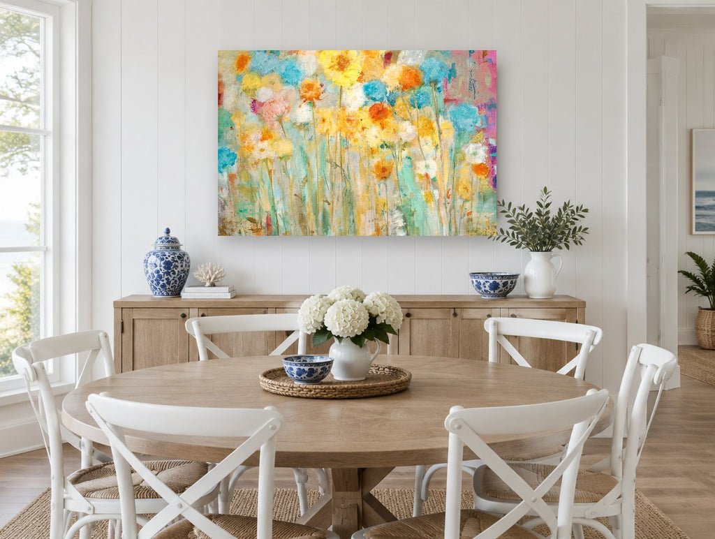 Sunlit Meadow Blooms floral canvas print on the wall of a Hamptons dining room
