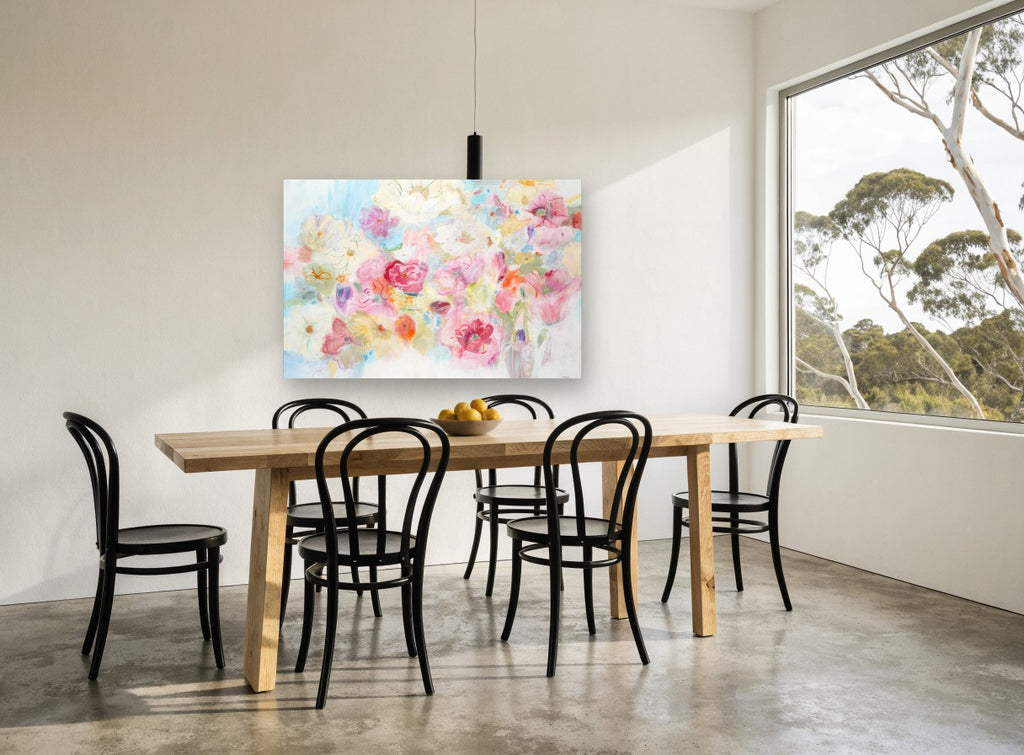 Soft Bloom Haze floral canvas print on the wall of a dining room