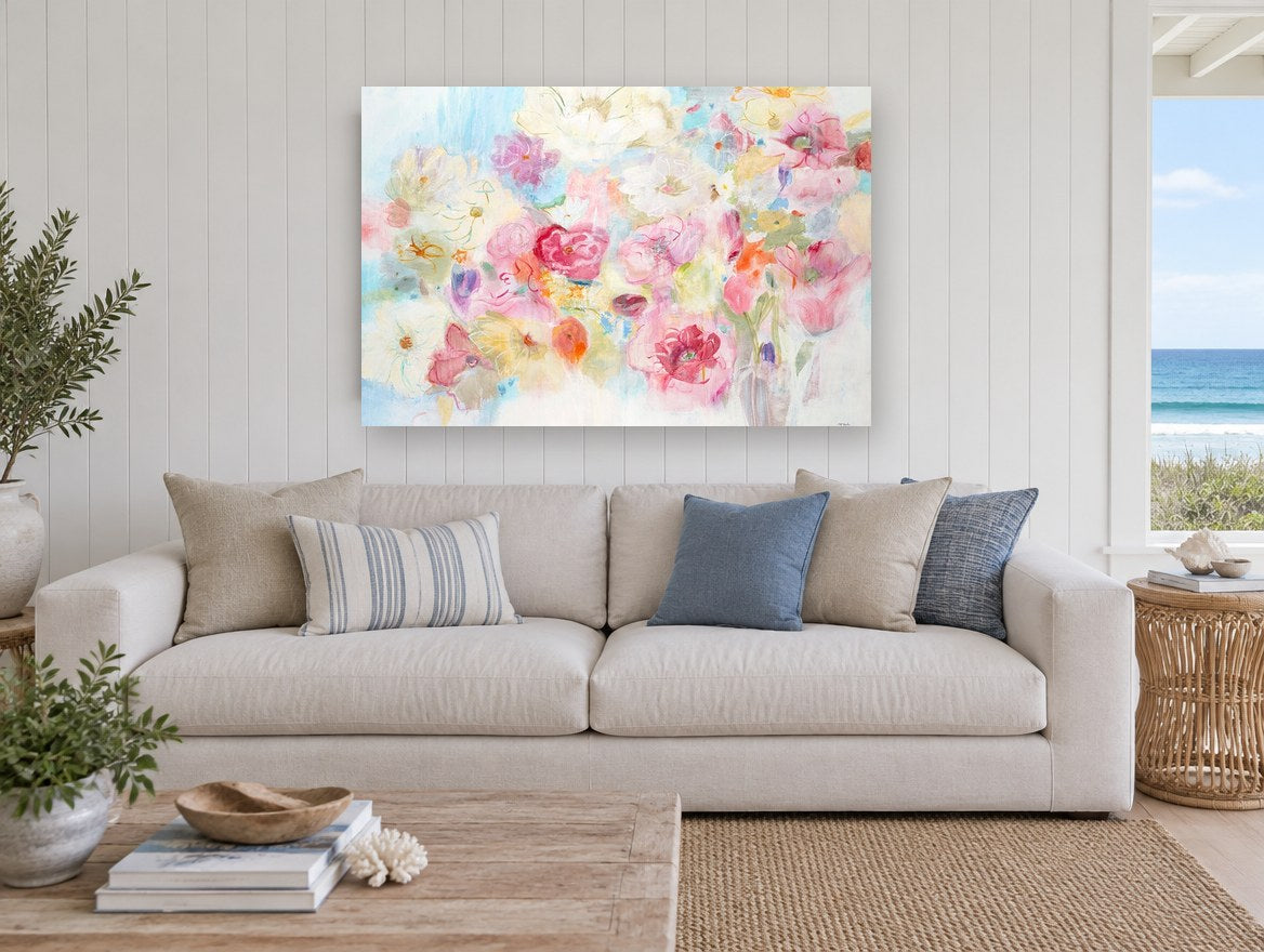 Soft Bloom Haze floral canvas print on the wall of a beach house living room