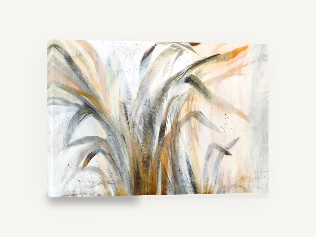 Windswept Grass Study, abstract grass blades grey and gold, floral canvas wall art print ready to hang