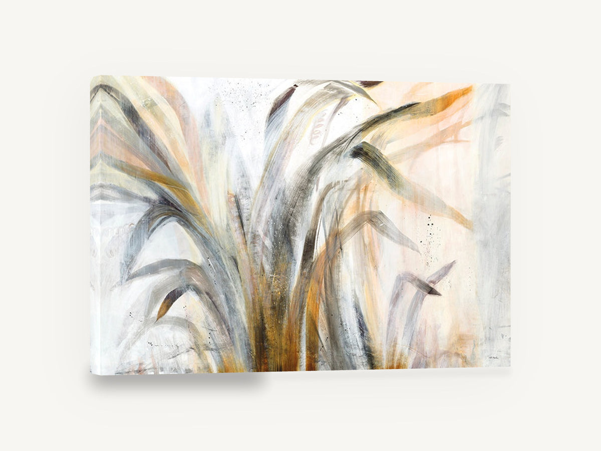 Windswept Grass Study, abstract grass blades grey and gold, floral canvas wall art print ready to hang