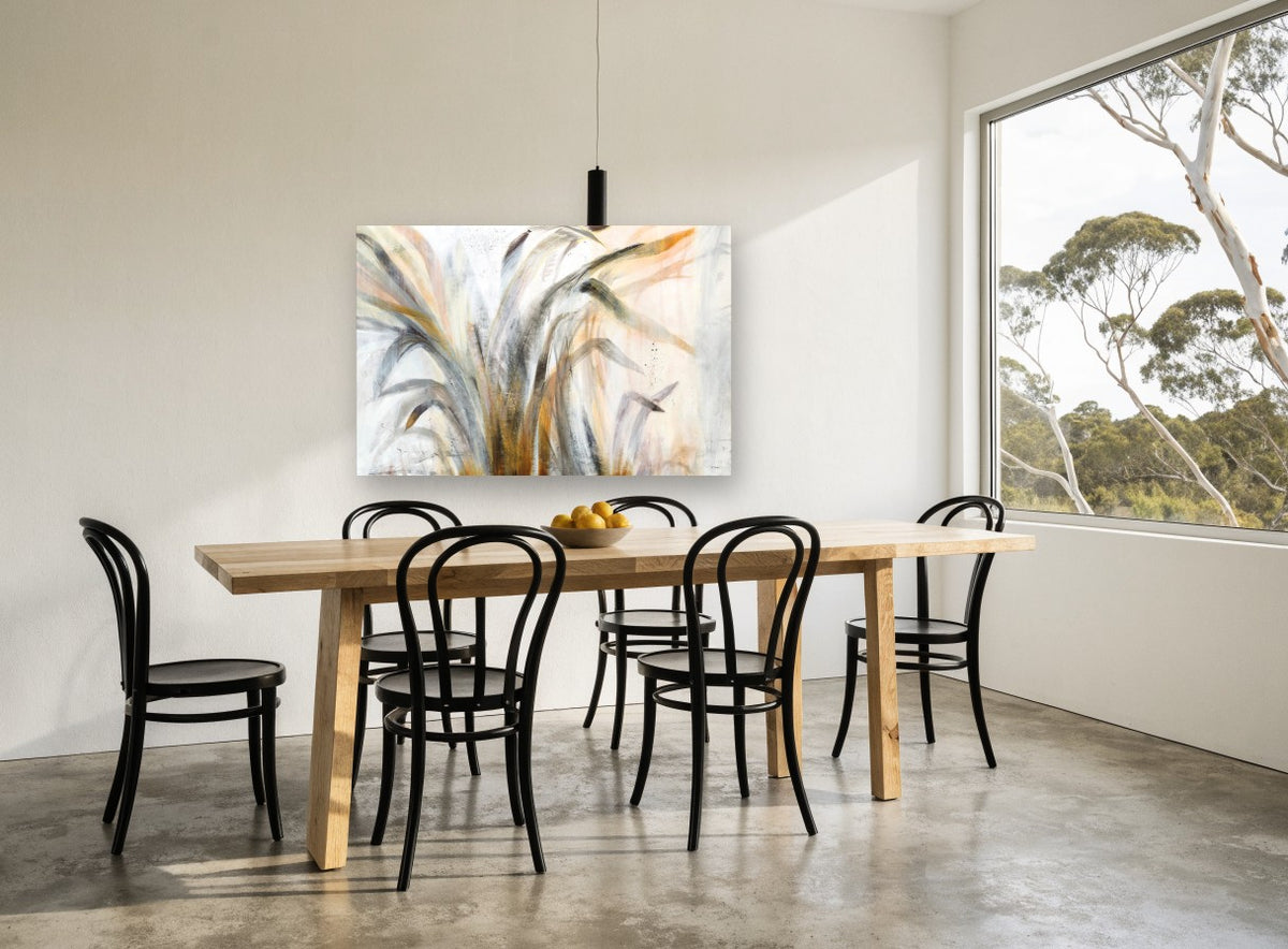 Windswept Grass Study floral canvas print on the wall of a dining room
