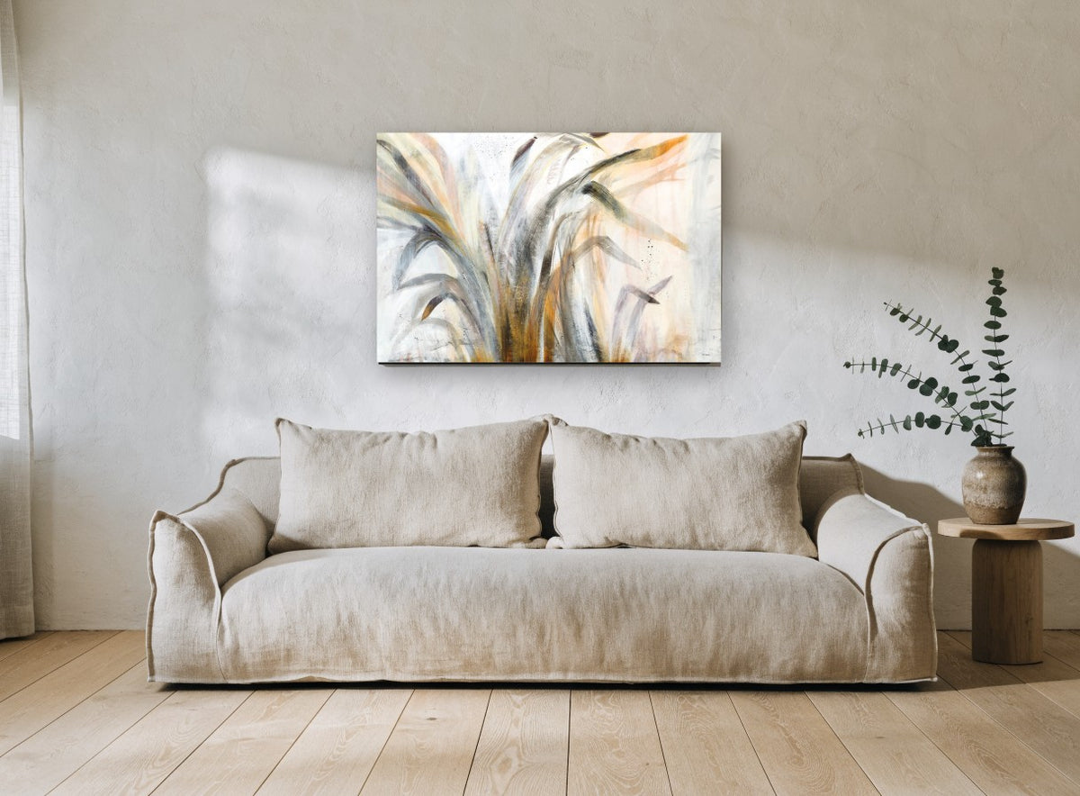 Windswept Grass Study floral canvas print on the wall of a living room