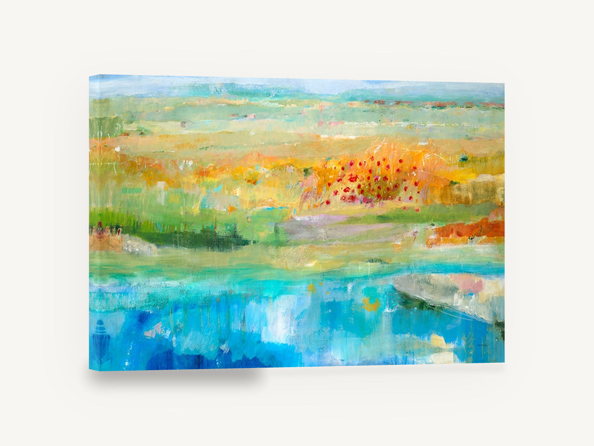 Poppy Meadow Pool, abstract meadow and pond landscape, landscape canvas wall art print ready to hang