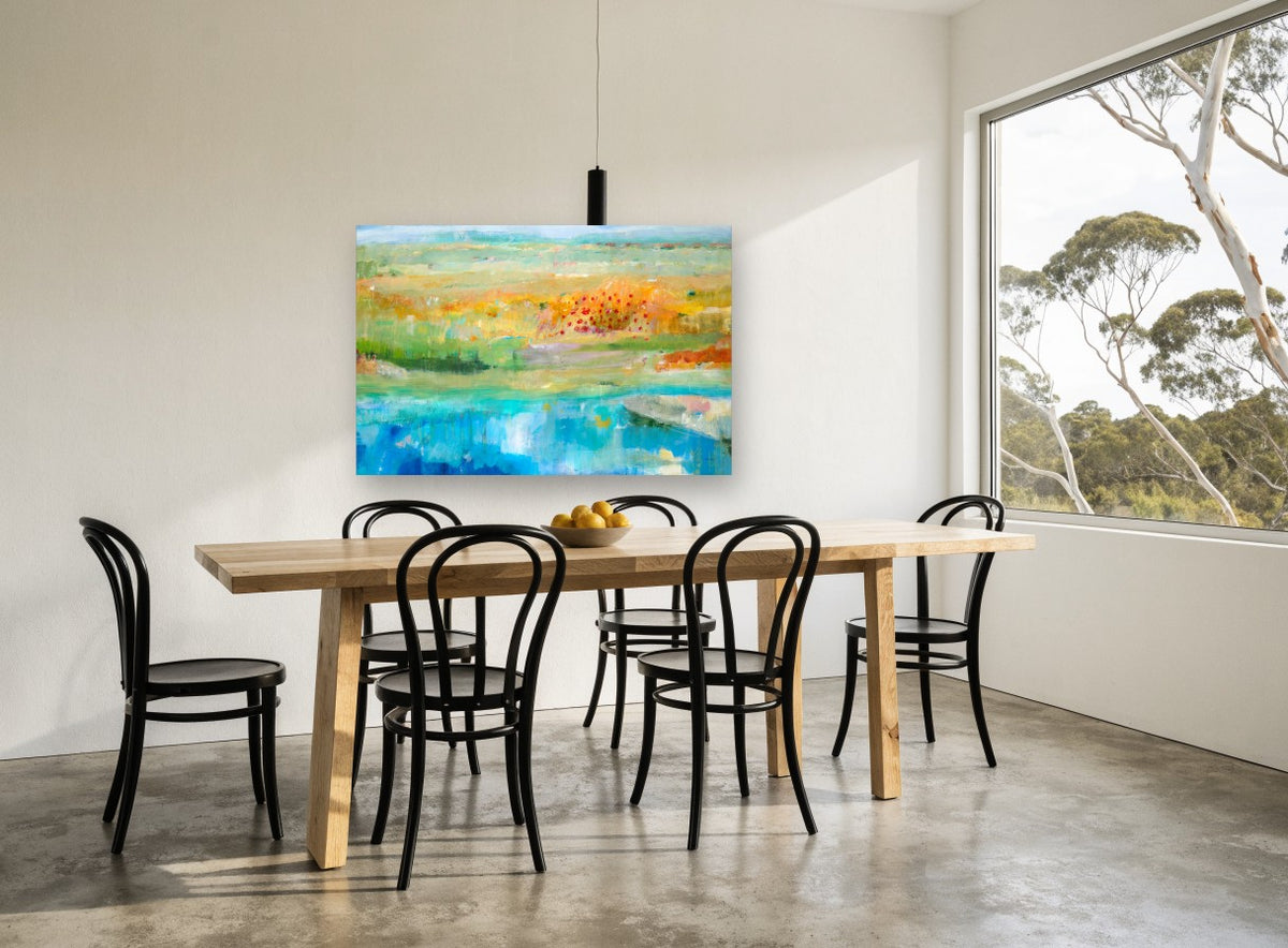 Poppy Meadow Pool landscape canvas print on the wall of a dining room