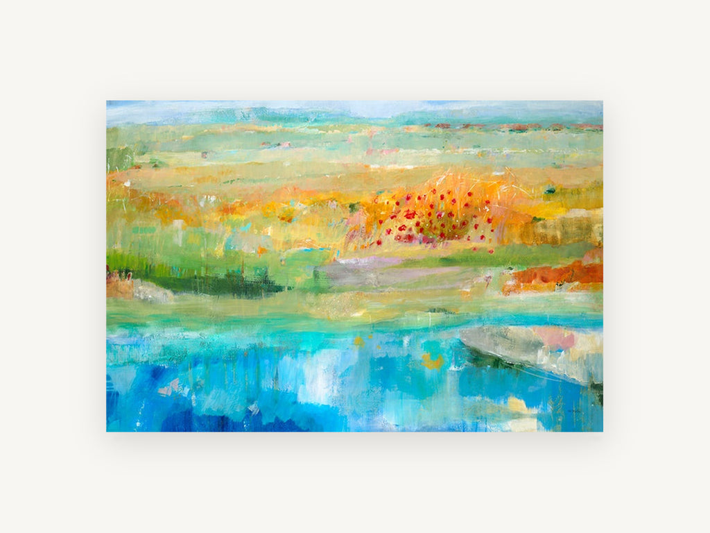 Poppy Meadow Pool, abstract meadow and pond landscape, landscape canvas wall art print, front view