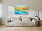 Poppy Meadow Pool landscape canvas print on the wall of a living room